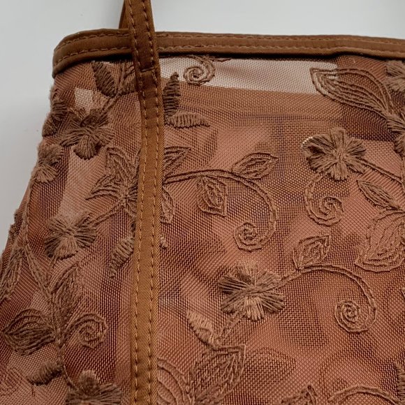 Vintage vegan boho cognac brown mesh embroidered top handle satchel bag - Picture 4 of 7